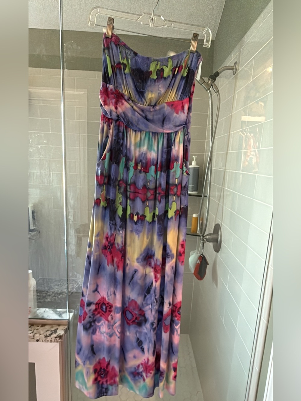 Strapless Watercolor tie dye Maxi Dress in Purple & Pink